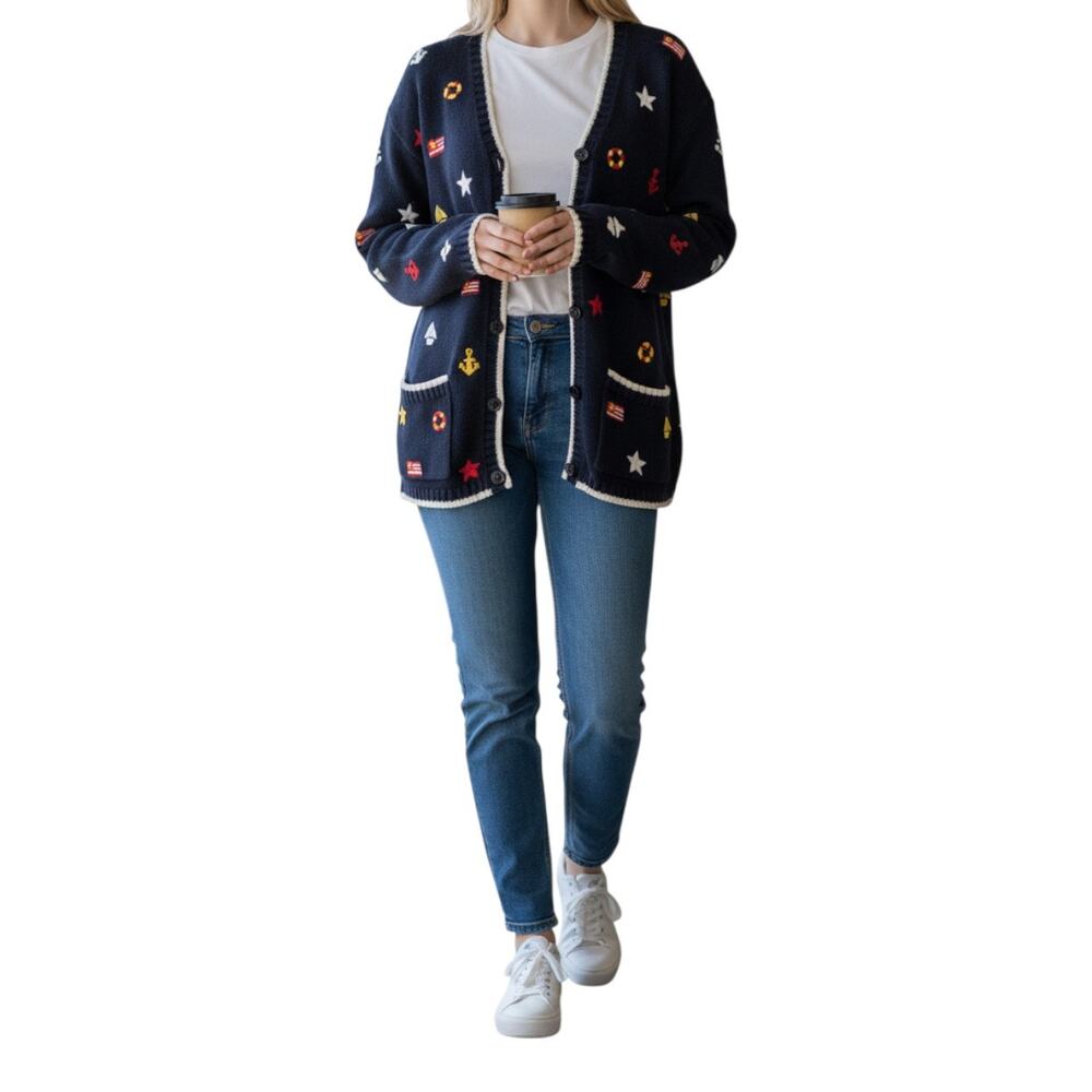 Marisa Christina Red Blue Nautical Sailing Motif Vintage Cardigan Sweater Large